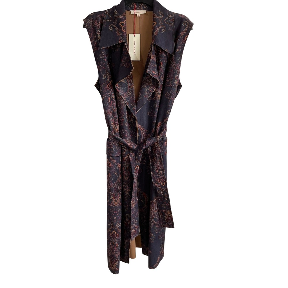 Solitaire Cardigan Large Faux Suede Paisley Sleeveless Duster Belted Longline